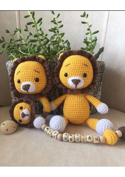 Elite Amigurumi Aslan Uyku Arkadaşı Emzik Zinciri Çıngırak Seti Örgü Oyuncak 1 Adet