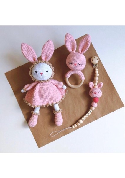 Amigurumi Sevimli Tavşan Uyku Arkadaşı Çıngırak ve Emzik Zinciri Set 1 Adet