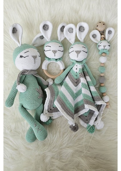 Amigurumi Yenidoğan Uykucu Tavşan, Battaniyeli Uyku Arkadaşı,çıngırak, Emzik Zinciri 4'lü Set 1 Adet