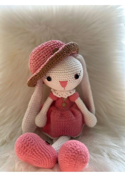 Elite Şapkalı Uzun Kulak Tavşan Amigurumi Organik Oyun Arkadaşı Ekrupembe 1 Adet