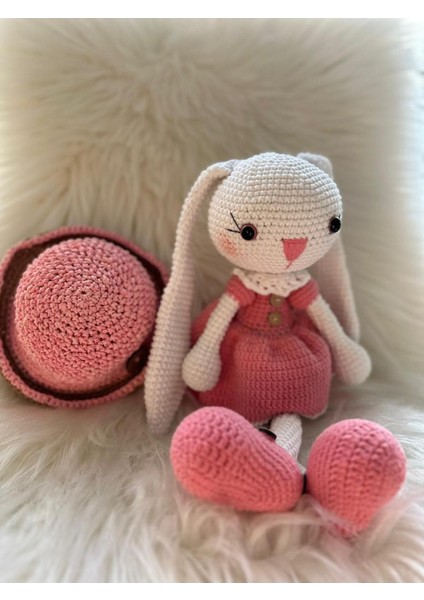 Elite Şapkalı Uzun Kulak Tavşan Amigurumi Organik Oyun Arkadaşı Ekrupembe 1 Adet