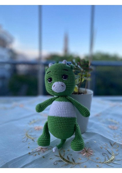 Yeşil Beyaz Dino Amigurumi Organik Oyuncak 1 Adet
