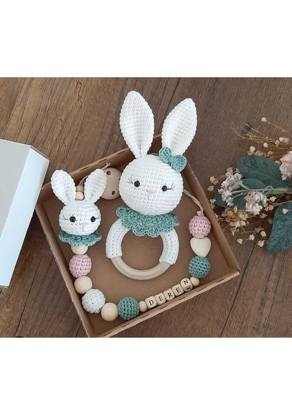 Amigurumi Tavşan Emzik Tutucu ve Çıngırak 1 Adet