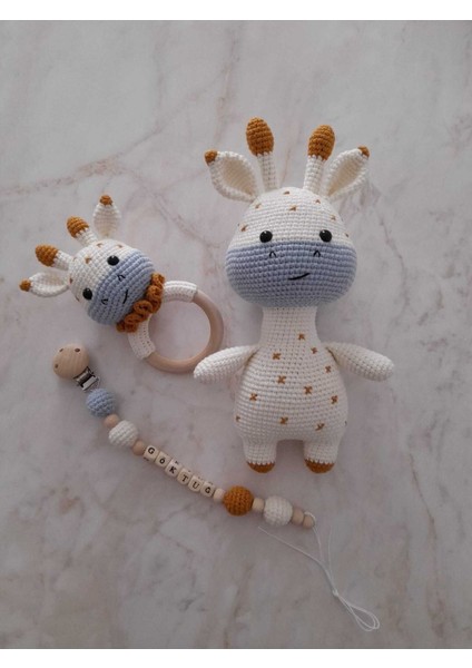 Elite Amigurumi Yenidoğan Tatlı Zürafa Set Emzik Zinciri Çıngırak Uyku Arkadaşı 1 Adet