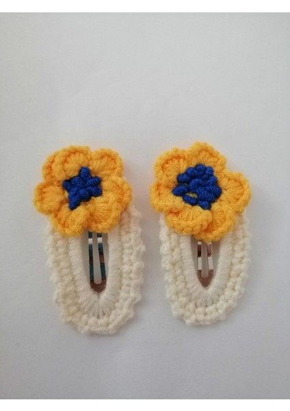 Amigurumi Çıtçıt Toka El Örgüsü 2'li Sarı-Mavi Çiçek Model 1 Adet