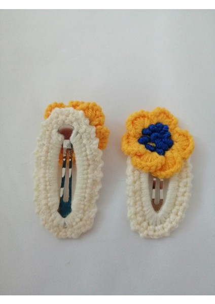 Amigurumi Çıtçıt Toka El Örgüsü 2'li Sarı-Mavi Çiçek Model 1 Adet