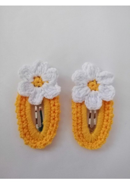 Amigurumi Çıtçıt Toka El Örgüsü 2'li Sarı-Beyaz Çiçek Model 1 Adet