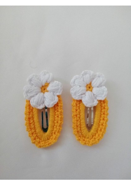 Amigurumi Çıtçıt Toka El Örgüsü 2'li Sarı-Beyaz Çiçek Model 1 Adet