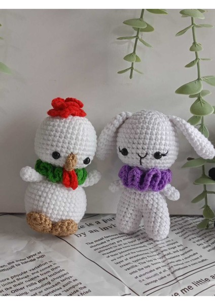 Amigurumi Organik Örgü Hayvan Oyuncak 2'li Uyku Arkadaşı (Tavşan, Horoz) 1 Adet