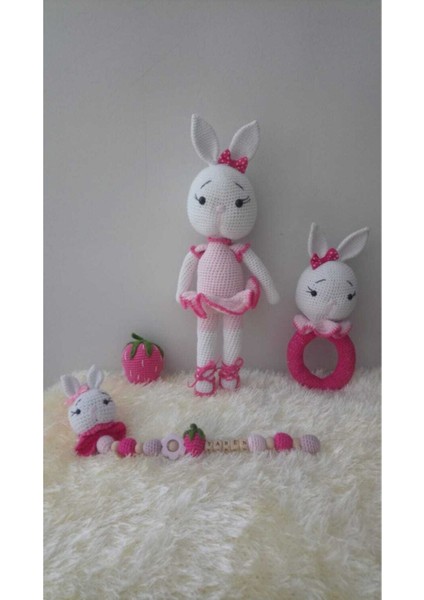 Beyaz Pembe Amigurumi Çilek Tavşan 3lü Set 1 Adet
