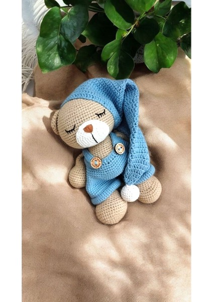 Amigurumi Oyuncak Uykucu Ayıcık Mavi Tulumlu 1 Adet