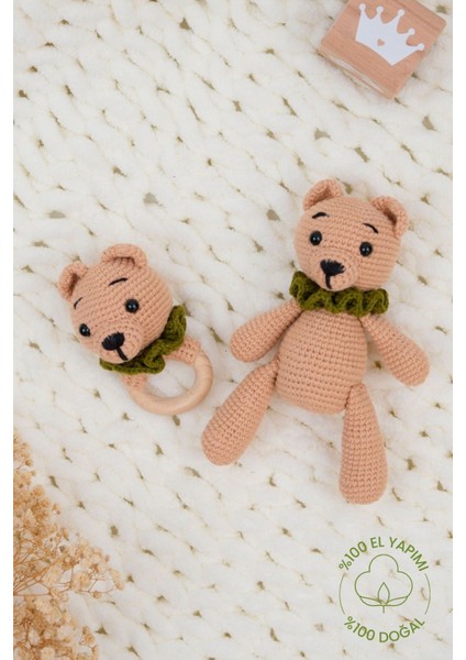Elite El Yapımı Amigurumi Ayıcık Oyuncak ve Ahşap Çıngırak Seti- Doğal Örgü Bebek Hediyesi 1 Adet