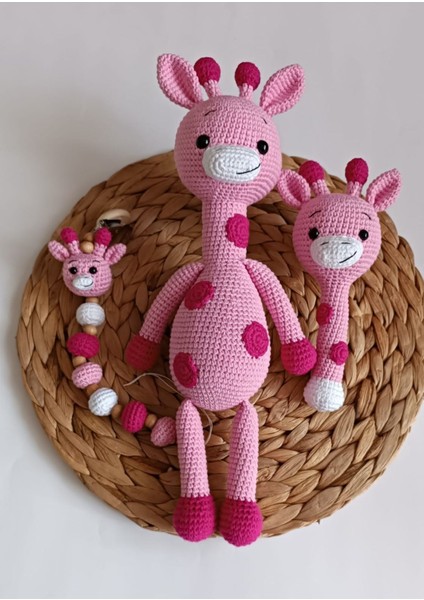 Amigurumi Sevimli Pembe Zürafa Yenidoğan 3 Lü Set 1 Adet