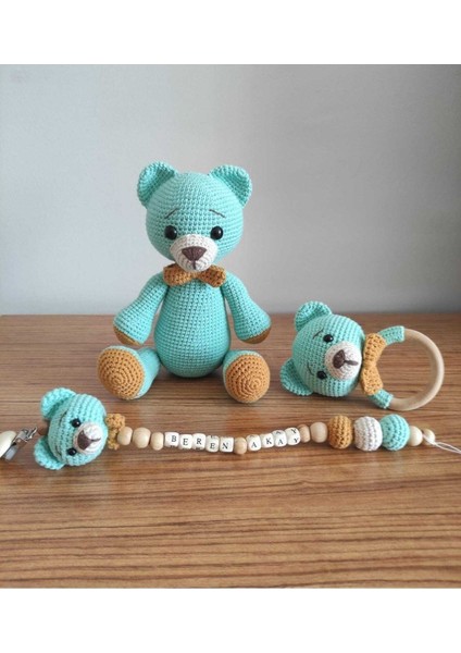 Amigurumi Yeşil Ayıcık Uyku Arkadaşı Emzik Zinciri Çıngıraklı Diş Kaşıyıcı Set 1 Adet