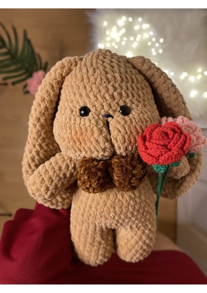 Elite 30CM El Emeği Amigurumi Tavşan ve 2 Adet Gül (Isim Işlemesi Yapılır) 1 Adet