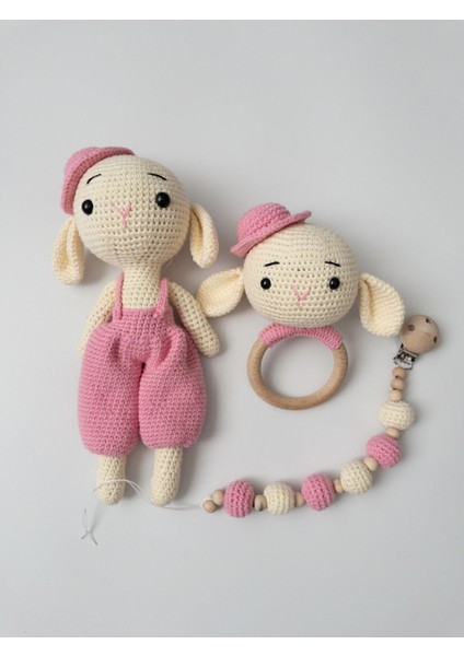 Amigurumi Şapkalı Tukumlu Tavşan Uyku Arkadaşı Emzik Zinciri Çıngırak Set 1 Adet