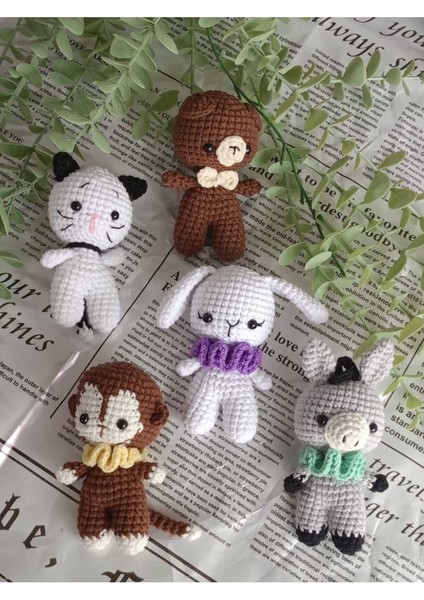 Amigurumi Organik Örgü Hayvan Oyuncak 5'li Uyku Arkadaşı (Ayıcık, Kedi, Tavşan, Lama, Maymun) 1 Adet
