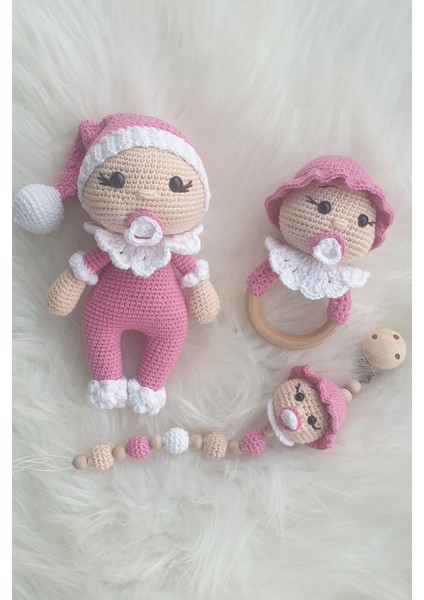 Amigurumi Yenidoğan Emzikli Uyku Arkadaşı Bebek, Çıngırak ve Emzik Zinciri 1 Adet