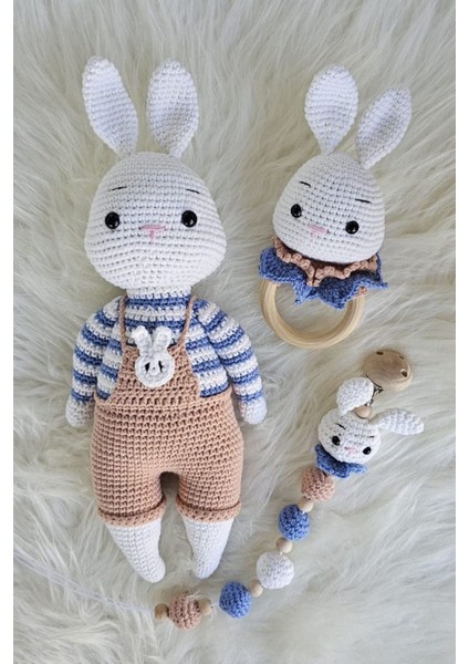 Amigurumi Uyku Arkadaşı , Yenidoğan Yakışıklı Tavşan,çıngırak ve Emzik Zinciri 3'lü Set 1 Adet