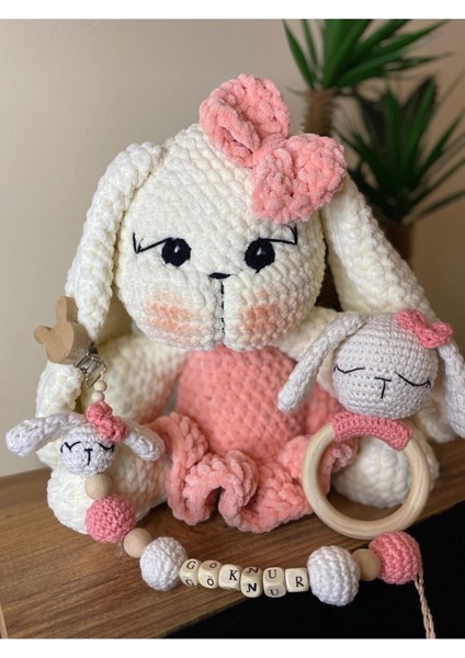 Elite 30CM Amigurumi Uyku Arkadaşı,isim Yazılabilen Emzik Zinciri ve Çıngıraklı Diş Kaşıyıcı 1 Adet