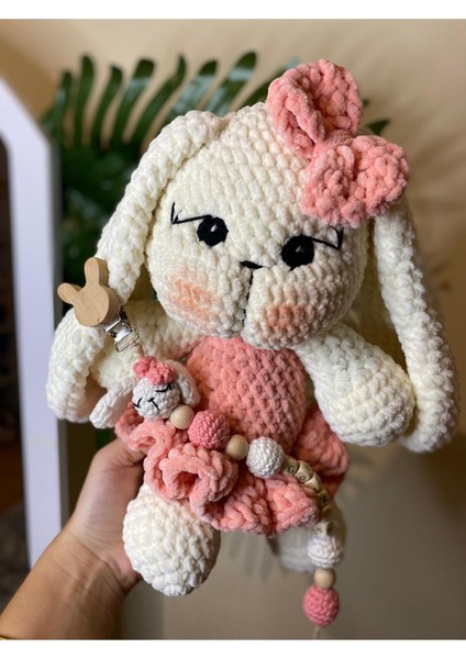 Elite 30CM Amigurumi Uyku Arkadaşı,isim Yazılabilen Emzik Zinciri ve Çıngıraklı Diş Kaşıyıcı 1 Adet