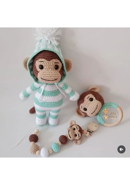 Amigurumi Kapşonlu Maymun Uyku Arkadaşı Emzik Zinciri Çıngırak Set 1 Adet