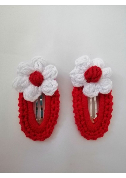 Amigurumi Çıtçıt Toka El Örgüsü 2'li Kırmızı-Beyaz Çiçek Model 1 Adet