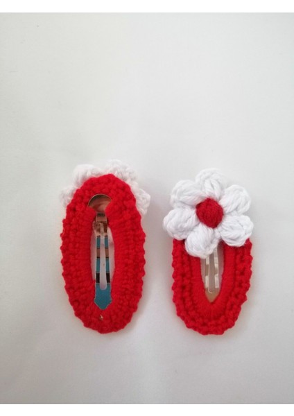 Amigurumi Çıtçıt Toka El Örgüsü 2'li Kırmızı-Beyaz Çiçek Model 1 Adet