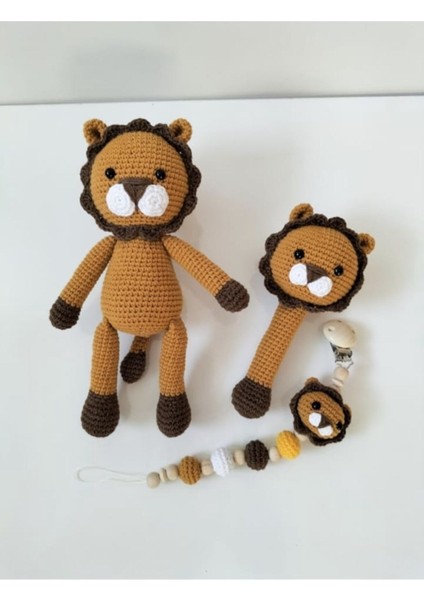 Amigurumi Hediyelik Aslan Yenidoğan Uyku Arkadaşı Emzik Zinciri Çıngırak Set 1 Adet