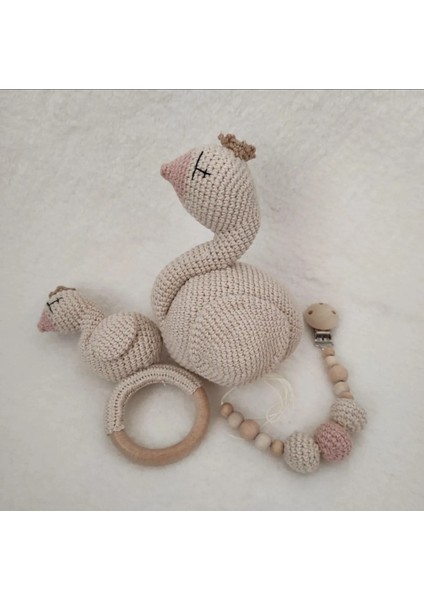 Amigurumi Zarifi Uyku Arkadaşı Emzik Ziniciri Çıngırak Kuğu Set Hediyelik Organik Oyuncak 1 Adet