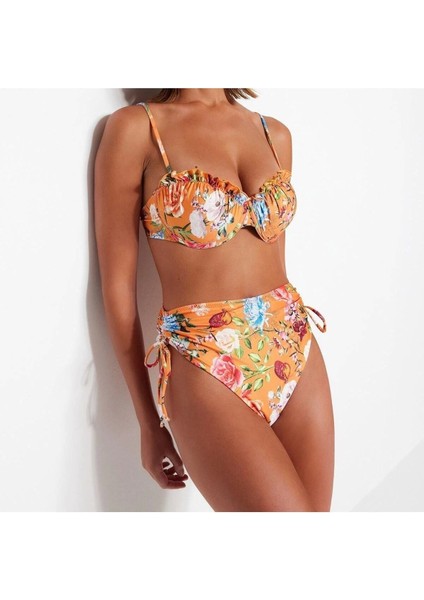 Yeni Çiçekli Yüksek Bel Brief Kahverengi-Çok Renkli Çiçekli Balconette Yüksek Bel Bikini Takımı fiyatları