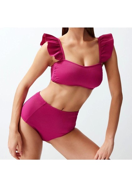 Yeni Düz Bralette Yüksek Bel Slip Siyah Bralet Fırfırlı Dokulu Yüksek Bel Hipster Bikini Takımı
