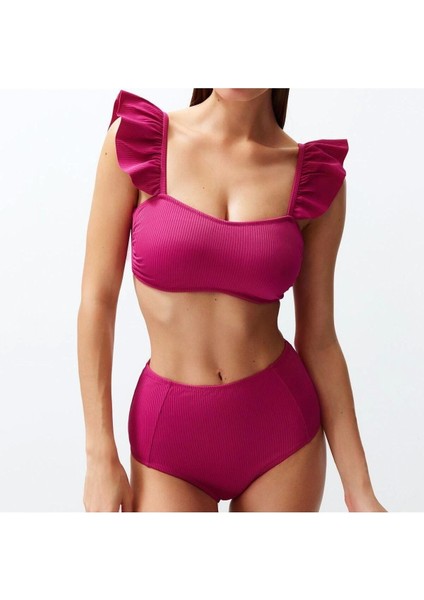 Yeni Düz Bralette Yüksek Bel Slip Siyah Bralet Fırfırlı Dokulu Yüksek Bel Hipster Bikini Takımı
