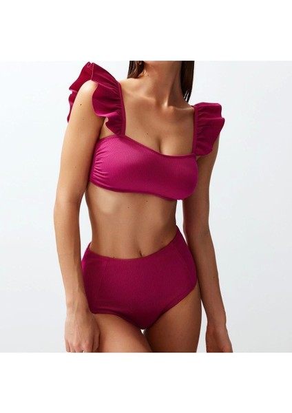 Yeni Düz Bralette Yüksek Bel Slip Siyah Bralet Fırfırlı Dokulu Yüksek Bel Hipster Bikini Takımı