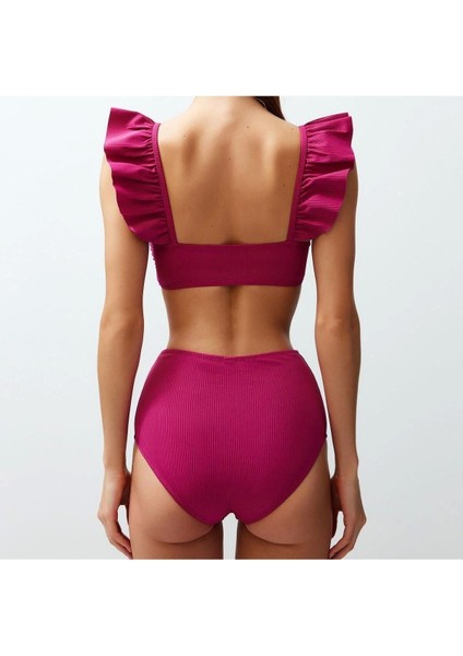 Yeni Düz Bralette Yüksek Bel Slip Siyah Bralet Fırfırlı Dokulu Yüksek Bel Hipster Bikini Takımı