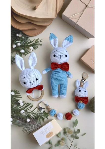 Amigurumi Tavşan Oyuncak - Diş Kaşıyıcı & Emzik Zinciri/askısı Mavi 1 Adet modelleri