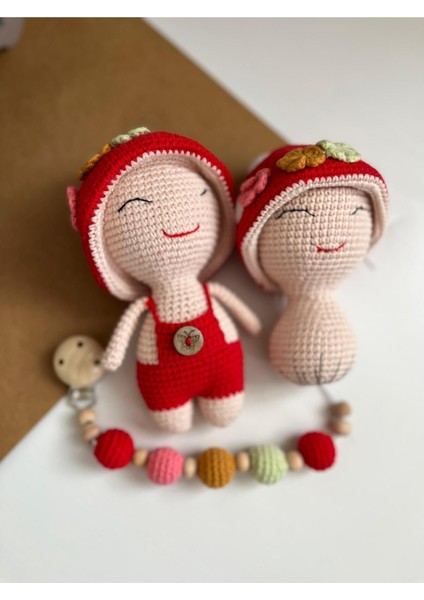 Amigurumi Mantar Uyku Arkadaşı Çıngırak Emzik Zinciri Üçlü Set 1 Adet