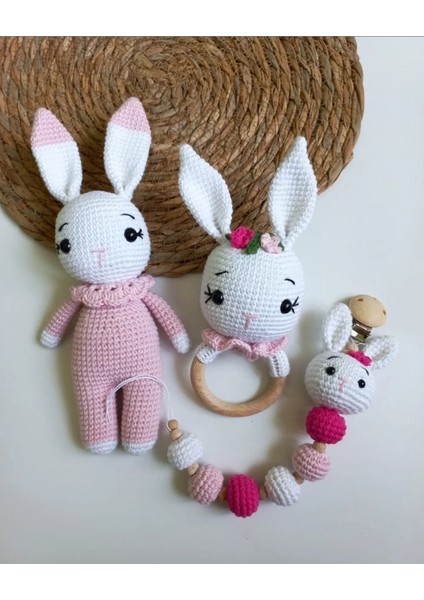 Amigurumi Tavşan Uyku Arkadaşı Emzik Zinciri Çıngırak Yenidoğan Hediyelik Set 1 Adet