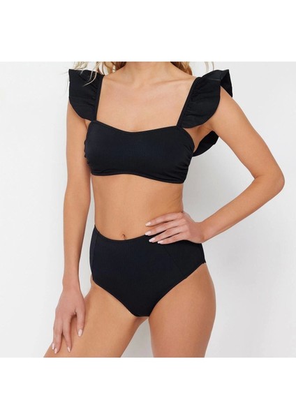 Yeni Düz Bralette Yüksek Bel Slip Siyah Bralet Fırfırlı Dokulu Yüksek Bel Hipster Bikini Takımı