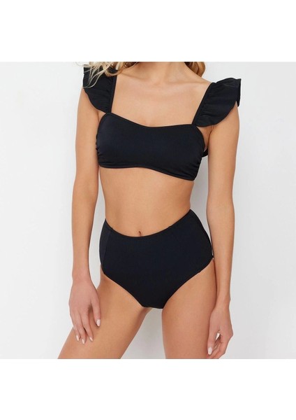 Yeni Düz Bralette Yüksek Bel Slip Siyah Bralet Fırfırlı Dokulu Yüksek Bel Hipster Bikini Takımı fiyatları