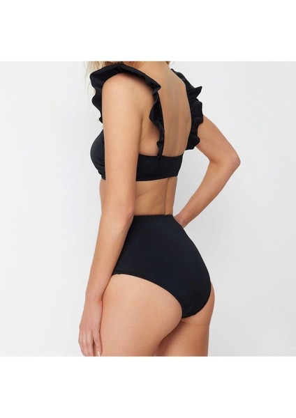 Yeni Düz Bralette Yüksek Bel Slip Siyah Bralet Fırfırlı Dokulu Yüksek Bel Hipster Bikini Takımı fırsatları