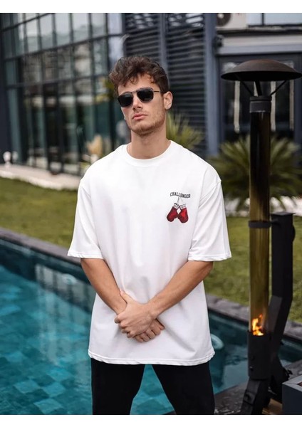 Unisex Bisiklet Yaka Baskılı Oversize T-Shirt - Beyaz