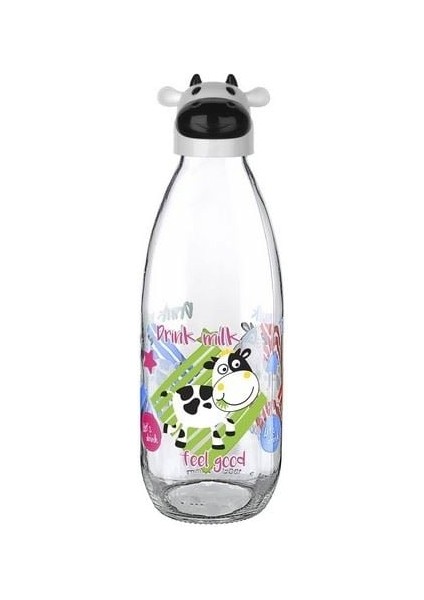 Yeni Clez Inek Tasarımlı Sevimli Cam Suluk - Süt Şişesi 1000 ml Kampanya