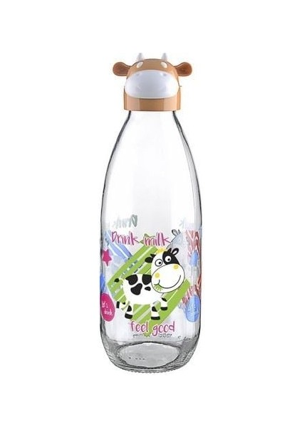 Yeni Clez Inek Tasarımlı Sevimli Cam Suluk - Süt Şişesi 1000 ml Kampanya
