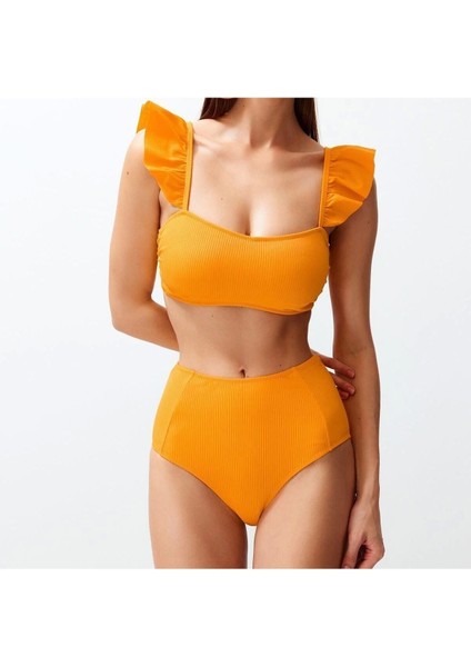 Yeni Düz Bralette Yüksek Bel Slip Siyah Bralet Fırfırlı Dokulu Yüksek Bel Hipster Bikini Takımı fiyatları