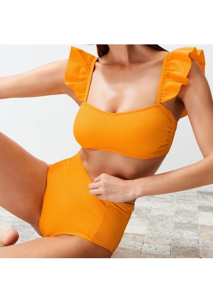 Yeni Düz Bralette Yüksek Bel Slip Siyah Bralet Fırfırlı Dokulu Yüksek Bel Hipster Bikini Takımı modelleri