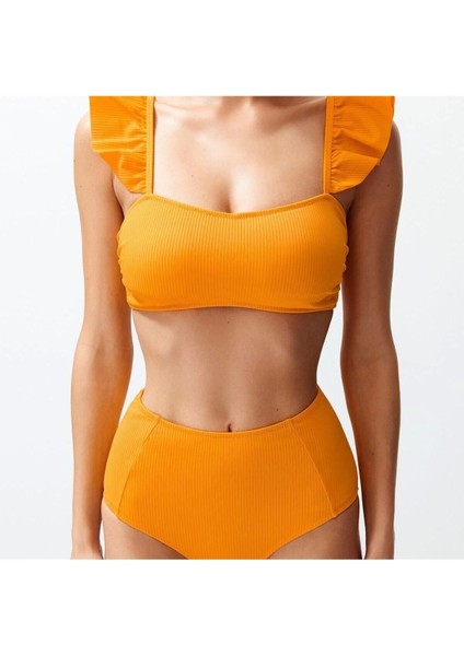 Yeni Düz Bralette Yüksek Bel Slip Siyah Bralet Fırfırlı Dokulu Yüksek Bel Hipster Bikini Takımı fırsatları