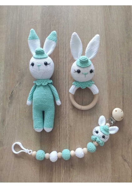 Elite Amigurumi Yenidoğan Uyku Arkadaşı Tavşan, Çıngırak ve Emzik Zinciri Set. 1 Adet