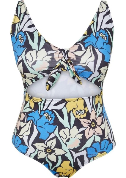 Büyük Beden Destekli Suya Dayanıklı Askılı Derin V Yaka Bağlama Detaylı Floral Desenli Mayo