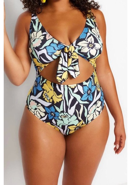Büyük Beden Destekli Suya Dayanıklı Askılı Derin V Yaka Bağlama Detaylı Floral Desenli Mayo modelleri
